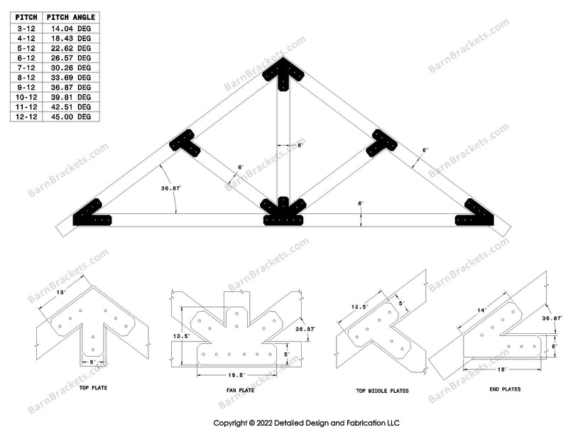 5 inch steel timber frame bracket set for 6 inch timber beams.  King post truss with diagonal chords.  Designed with overhang ends and chamfered corners.  Dimensions are for a 9-12 pitch roof.