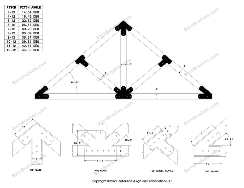 5 inch steel timber truss bracket set for 6 inch wood beams.  King post truss with diagonal chords.  Designed with flush ends and chamfered corners.  Dimensions are for a 10-12 pitch roof.