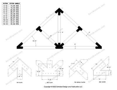 5 inch steel timber truss bracket set for 6 inch wood beams.  King post truss with diagonal chords.  Designed with flush ends and chamfered corners.  Dimensions are for a 11-12 pitch roof.