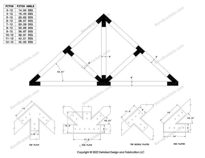 5 inch steel timber truss bracket set for 6 inch wood beams.  King post truss with diagonal chords.  Designed with flush ends and square corners.  Dimensions are for a 11-12 pitch roof.