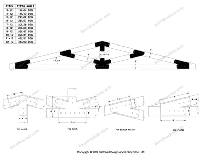 5 inch steel timber truss bracket set for 6 inch wood beams.  King post truss with diagonal chords.  Designed with flush ends and chamfered corners.  Dimensions are for a 3-12 pitch roof.