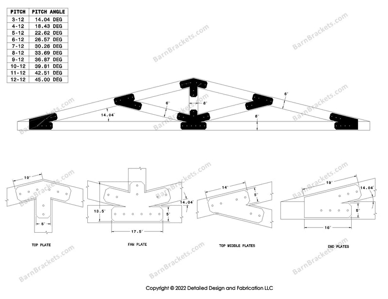 5 inch steel timber truss bracket set for 6 inch wood beams.  King post truss with diagonal chords.  Designed with flush ends and chamfered corners.  Dimensions are for a 3-12 pitch roof.