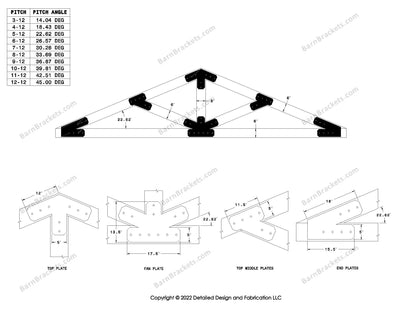 5 inch steel timber truss bracket set for 6 inch wood beams.  King post truss with diagonal chords.  Designed with flush ends and chamfered corners.  Dimensions are for a 5-12 pitch roof.