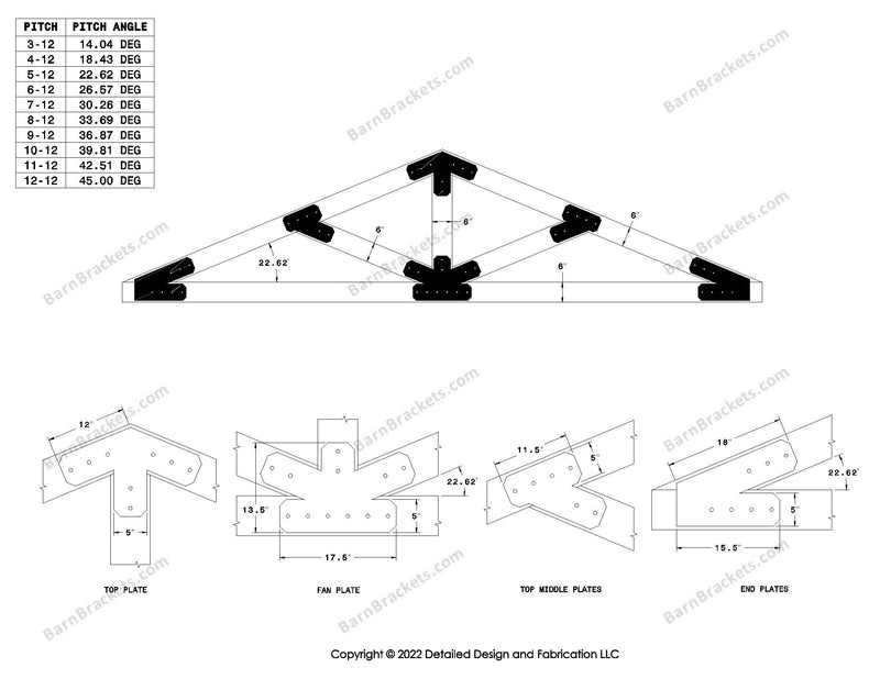 5 inch steel timber truss bracket set for 6 inch wood beams.  King post truss with diagonal chords.  Designed with flush ends and chamfered corners.  Dimensions are for a 5-12 pitch roof.