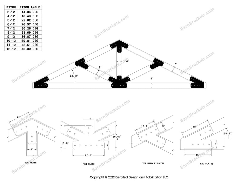 5 inch steel timber truss bracket set for 6 inch wood beams.  King post truss with diagonal chords.  Designed with flush ends and chamfered corners.  Dimensions are for a 6-12 pitch roof.