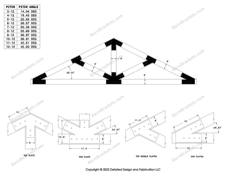 5 inch steel timber truss bracket set for 6 inch wood beams.  King post truss with diagonal chords.  Designed with flush ends and square corners.  Dimensions are for a 6-12 pitch roof.