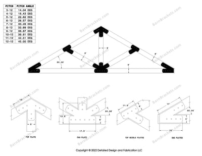 5 inch steel timber truss bracket set for 6 inch wood beams.  King post truss with diagonal chords.  Designed with flush ends and chamfered corners.  Dimensions are for a 7-12 pitch roof.