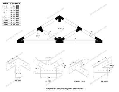 5 inch steel timber truss bracket set for 6 inch wood beams.  King post truss with diagonal chords.  Designed with flush ends and square corners.  Dimensions are for a 7-12 pitch roof.