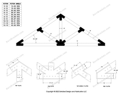 5 inch steel timber truss bracket set for 6 inch wood beams.  King post truss with diagonal chords.  Designed with flush ends and chamfered corners.  Dimensions are for a 8-12 pitch roof.