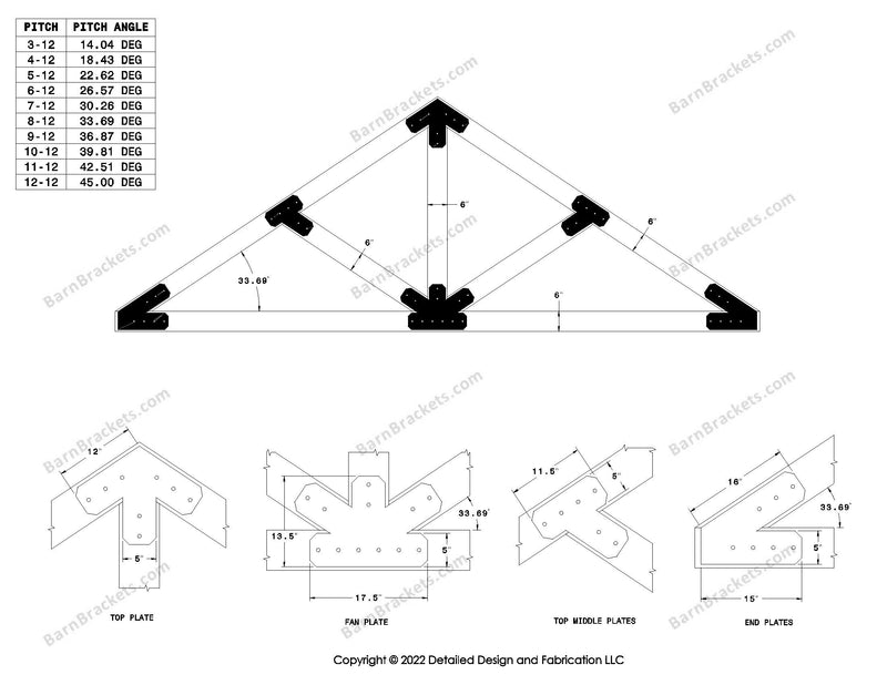 5 inch steel timber truss bracket set for 6 inch wood beams.  King post truss with diagonal chords.  Designed with flush ends and chamfered corners.  Dimensions are for a 8-12 pitch roof.