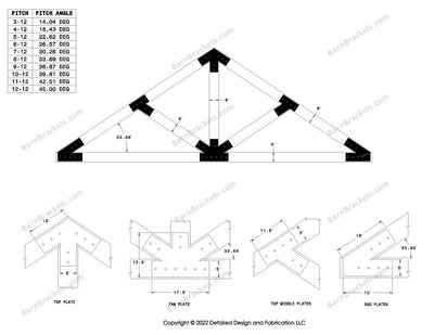 5 inch steel timber truss bracket set for 6 inch wood beams.  King post truss with diagonal chords.  Designed with flush ends and square corners.  Dimensions are for a 8-12 pitch roof.