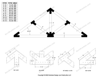 5 inch steel timber truss bracket set for 6 inch wood beams.  King post truss with diagonal chords.  Designed with flush ends and chamfered corners.  Dimensions are for a 9-12 pitch roof.