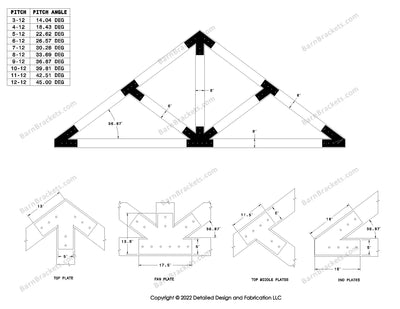 5 inch steel timber truss bracket set for 6 inch wood beams.  King post truss with diagonal chords.  Designed with flush ends and square corners.  Dimensions are for a 9-12 pitch roof.