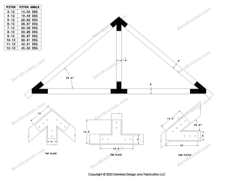 5 inch timber beam truss bracket set for 6 inch wood beams.  King post only truss.  With overhang ends and square corners.  For a 10-12 pitch roof.