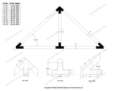 5 inch timber beam truss bracket set for 6 inch wood beams.  King post only truss.  With overhang ends and square corners.  For a 11-12 pitch roof.