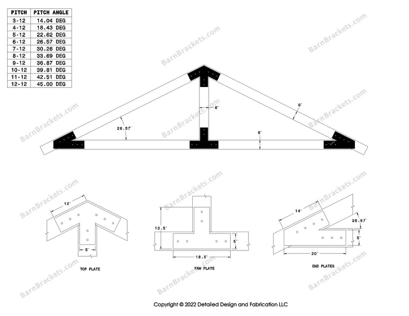 5 inch timber beam truss bracket set for 6 inch wood beams.  King post only truss.  With overhang ends and square corners.  For a 6-12 pitch roof.