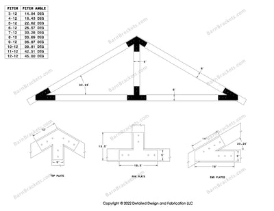 5 inch timber beam truss bracket set for 6 inch wood beams.  King post only truss.  With overhang ends and square corners.  For a 7-12 pitch roof.