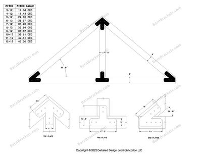 5 inch steel timber frame bracket kit for 8 inch timber beams.  King post only truss with diagonal chords.  Designed with flush ends and chamfered corners.  Dimensions are for a 10-12 pitch roof.