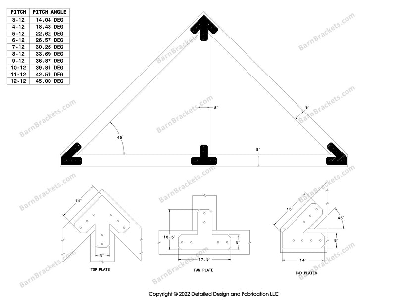 5 inch steel timber frame bracket kit for 8 inch timber beams.  King post only truss with diagonal chords.  Designed with flush ends and chamfered corners.  Dimensions are for a 12-12 pitch roof.