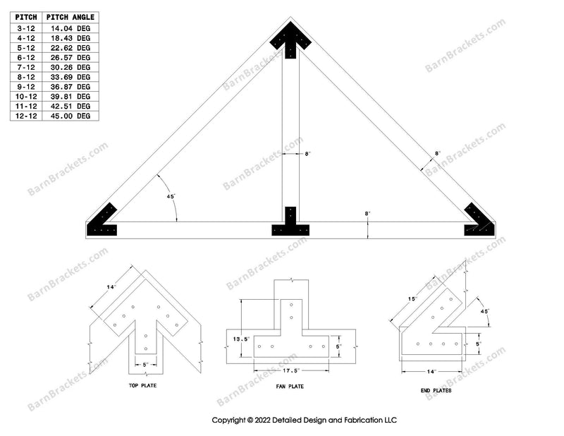 5 inch steel timber frame bracket kit for 8 inch timber beams.  King post only truss.  Designed with flush ends and square corners.  Dimensions are for a 12-12 pitch roof.