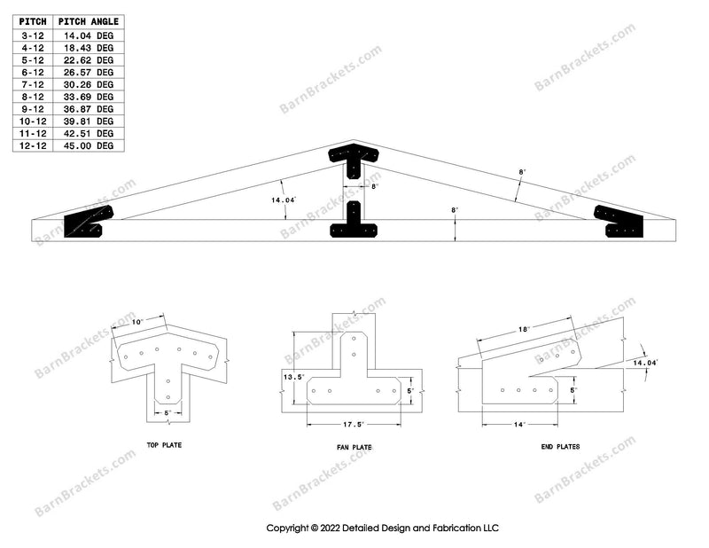 5 inch steel timber frame bracket kit for 8 inch timber beams.  King post only truss with diagonal chords.  Designed with flush ends and chamfered corners.  Dimensions are for a 3-12 pitch roof.