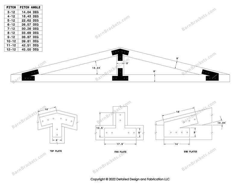 5 inch steel timber frame bracket kit for 8 inch timber beams.  King post only truss.  Designed with flush ends and square corners.  Dimensions are for a 3-12 pitch roof.