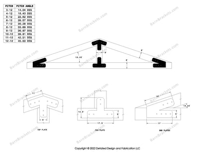 5 inch steel timber frame bracket kit for 8 inch timber beams.  King post only truss with diagonal chords.  Designed with flush ends and chamfered corners.  Dimensions are for a 4-12 pitch roof.