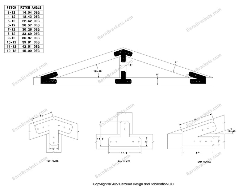 5 inch steel timber frame bracket kit for 8 inch timber beams.  King post only truss with diagonal chords.  Designed with flush ends and chamfered corners.  Dimensions are for a 4-12 pitch roof.