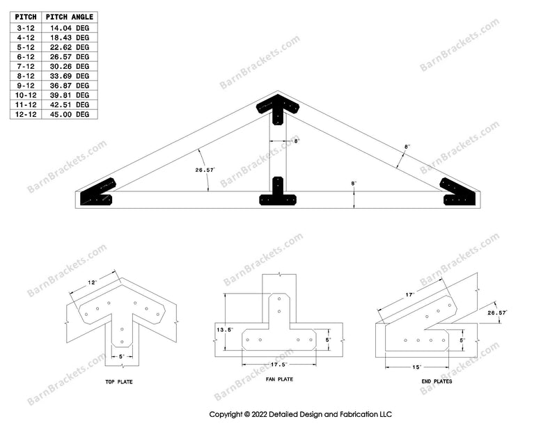 5 inch steel timber frame bracket kit for 8 inch timber beams.  King post only truss with diagonal chords.  Designed with flush ends and chamfered corners.  Dimensions are for a 6-12 pitch roof.