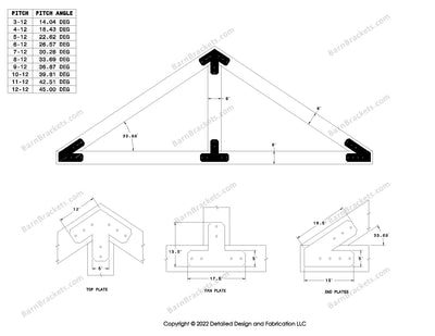 5 inch steel timber frame bracket kit for 8 inch timber beams.  King post only truss with diagonal chords.  Designed with flush ends and chamfered corners.  Dimensions are for a 8-12 pitch roof.