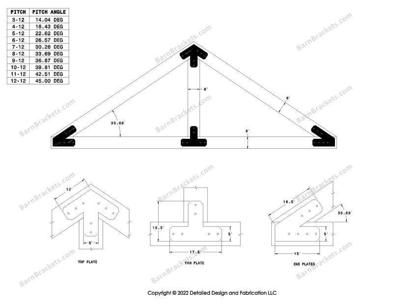 5 inch steel timber frame bracket kit for 8 inch timber beams.  King post only truss with diagonal chords.  Designed with flush ends and chamfered corners.  Dimensions are for a 8-12 pitch roof.