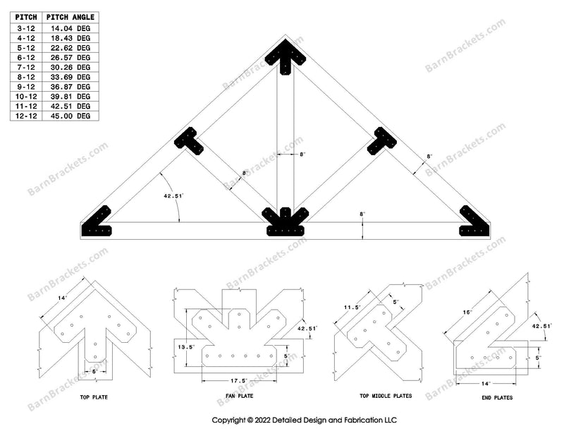 5 inch steel timber truss plate kit for 8 inch timber beams.  King post truss with diagonal chords.  Designed with flush ends and chamfered corners.  Dimensions are for a 11-12 pitch roof.