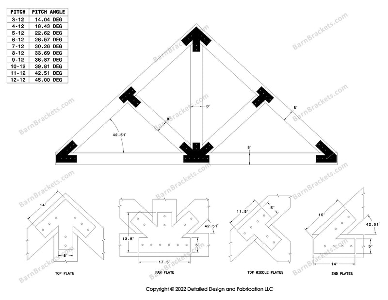 5 inch steel timber truss plate kit for 8 inch timber beams.  King post truss with diagonal chords.  Designed with flush ends and square corners.  Dimensions are for a 11-12 pitch roof.