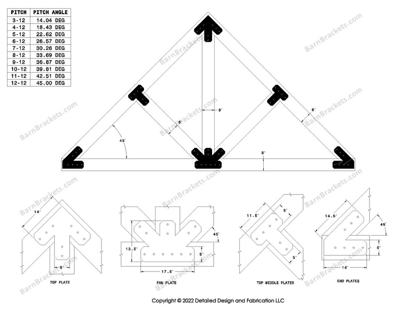 5 inch steel timber truss plate kit for 8 inch timber beams.  King post truss with diagonal chords.  Designed with flush ends and chamfered corners.  Dimensions are for a 12-12 pitch roof.