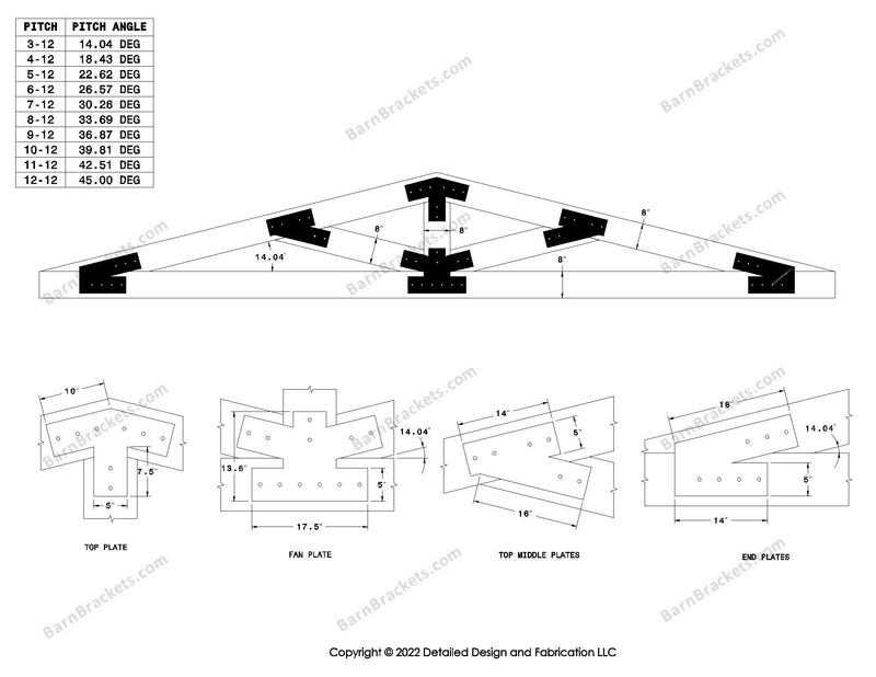 5 inch steel timber truss plate kit for 8 inch timber beams.  King post truss with diagonal chords.  Designed with flush ends and square corners.  Dimensions are for a 3-12 pitch roof.