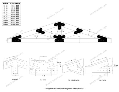 5 inch steel timber truss plate kit for 8 inch timber beams.  King post truss with diagonal chords.  Designed with flush ends and chamfered corners.  Dimensions are for a 4-12 pitch roof.