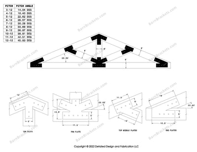 5 inch steel timber truss plate kit for 8 inch timber beams.  King post truss with diagonal chords.  Designed with flush ends and square corners.  Dimensions are for a 5-12 pitch roof.