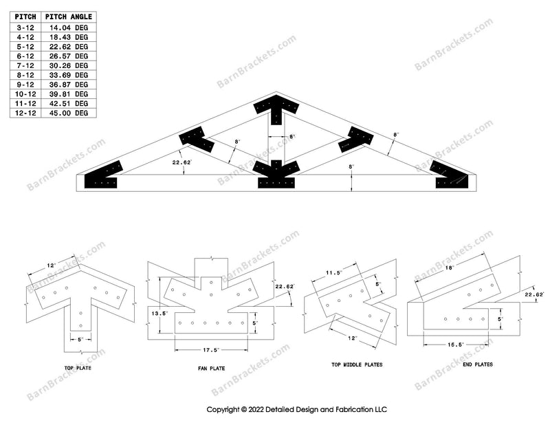 5 inch steel timber truss plate kit for 8 inch timber beams.  King post truss with diagonal chords.  Designed with flush ends and square corners.  Dimensions are for a 5-12 pitch roof.