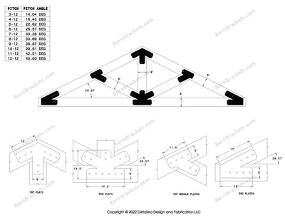 5 inch steel timber truss plate kit for 8 inch timber beams.  King post truss with diagonal chords.  Designed with flush ends and chamfered corners.  Dimensions are for a 6-12 pitch roof.