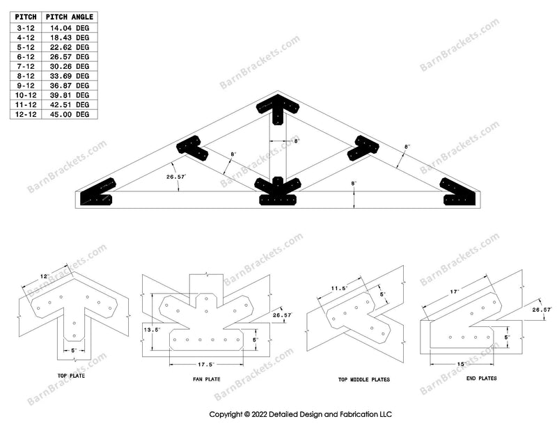 5 inch steel timber truss plate kit for 8 inch timber beams.  King post truss with diagonal chords.  Designed with flush ends and chamfered corners.  Dimensions are for a 6-12 pitch roof.