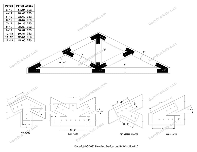 5 inch steel timber truss plate kit for 8 inch timber beams.  King post truss with diagonal chords.  Designed with flush ends and square corners.  Dimensions are for a 6-12 pitch roof.