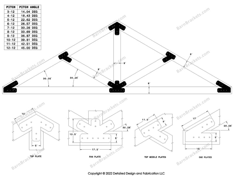 5 inch steel timber truss plate kit for 8 inch timber beams.  King post truss with diagonal chords.  Designed with flush ends and chamfered corners.  Dimensions are for a 7-12 pitch roof.