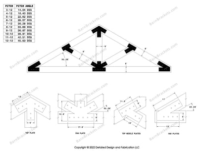 5 inch steel timber truss plate kit for 8 inch timber beams.  King post truss with diagonal chords.  Designed with flush ends and square corners.  Dimensions are for a 7-12 pitch roof.