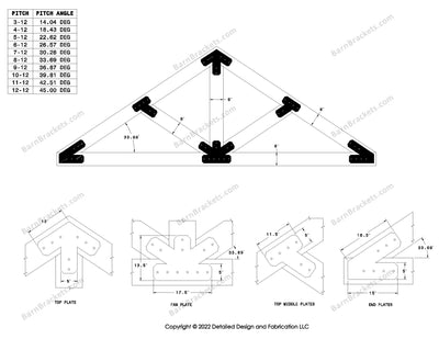 5 inch steel timber truss plate kit for 8 inch timber beams.  King post truss with diagonal chords.  Designed with flush ends and chamfered corners.  Dimensions are for a 8-12 pitch roof.