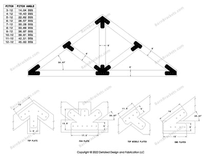 5 inch steel timber truss plate kit for 8 inch timber beams.  King post truss with diagonal chords.  Designed with flush ends and chamfered corners.  Dimensions are for a 9-12 pitch roof.