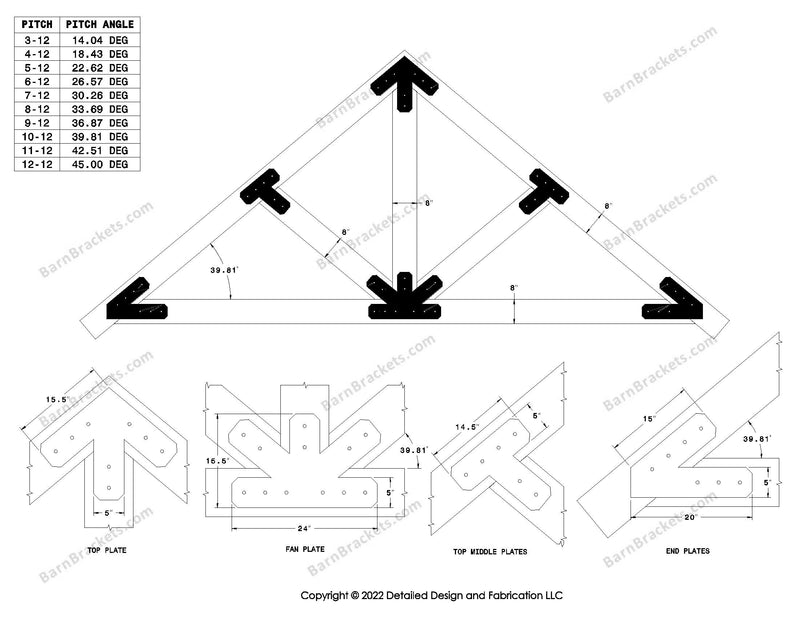 5 inch steel timber truss plate kit for 8 inch timber beams.  King post truss with diagonal chords.  Designed with overhang ends and chamfered corners.  Dimensions are for a 10-12 pitch roof.