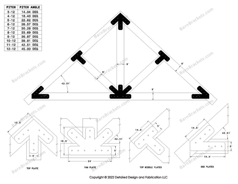 5 inch steel timber truss plate kit for 8 inch timber beams.  King post truss with diagonal chords.  Designed with overhang ends and chamfered corners.  Dimensions are for a 11-12 pitch roof.