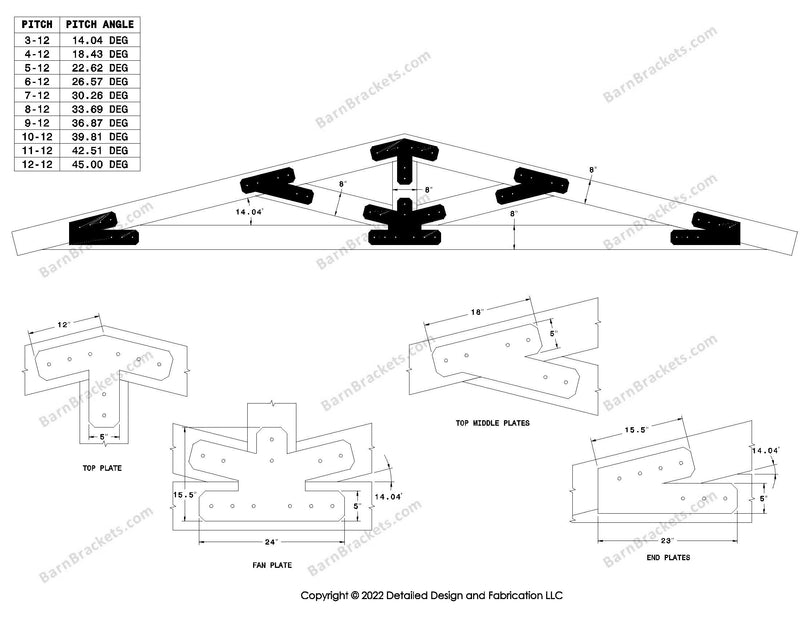 5 inch steel timber truss plate kit for 8 inch timber beams.  King post truss with diagonal chords.  Designed with overhang ends and chamfered corners.  Dimensions are for a 3-12 pitch roof.