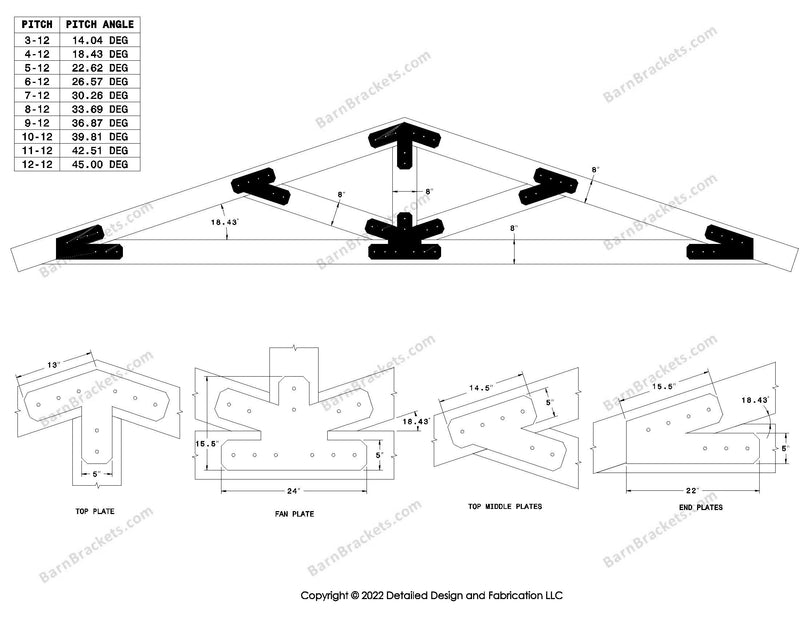 5 inch steel timber truss plate kit for 8 inch timber beams.  King post truss with diagonal chords.  Designed with overhang ends and chamfered corners.  Dimensions are for a 4-12 pitch roof.