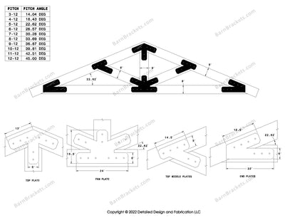 5 inch steel timber truss plate kit for 8 inch timber beams.  King post truss with diagonal chords.  Designed with overhang ends and chamfered corners.  Dimensions are for a 5-12 pitch roof.